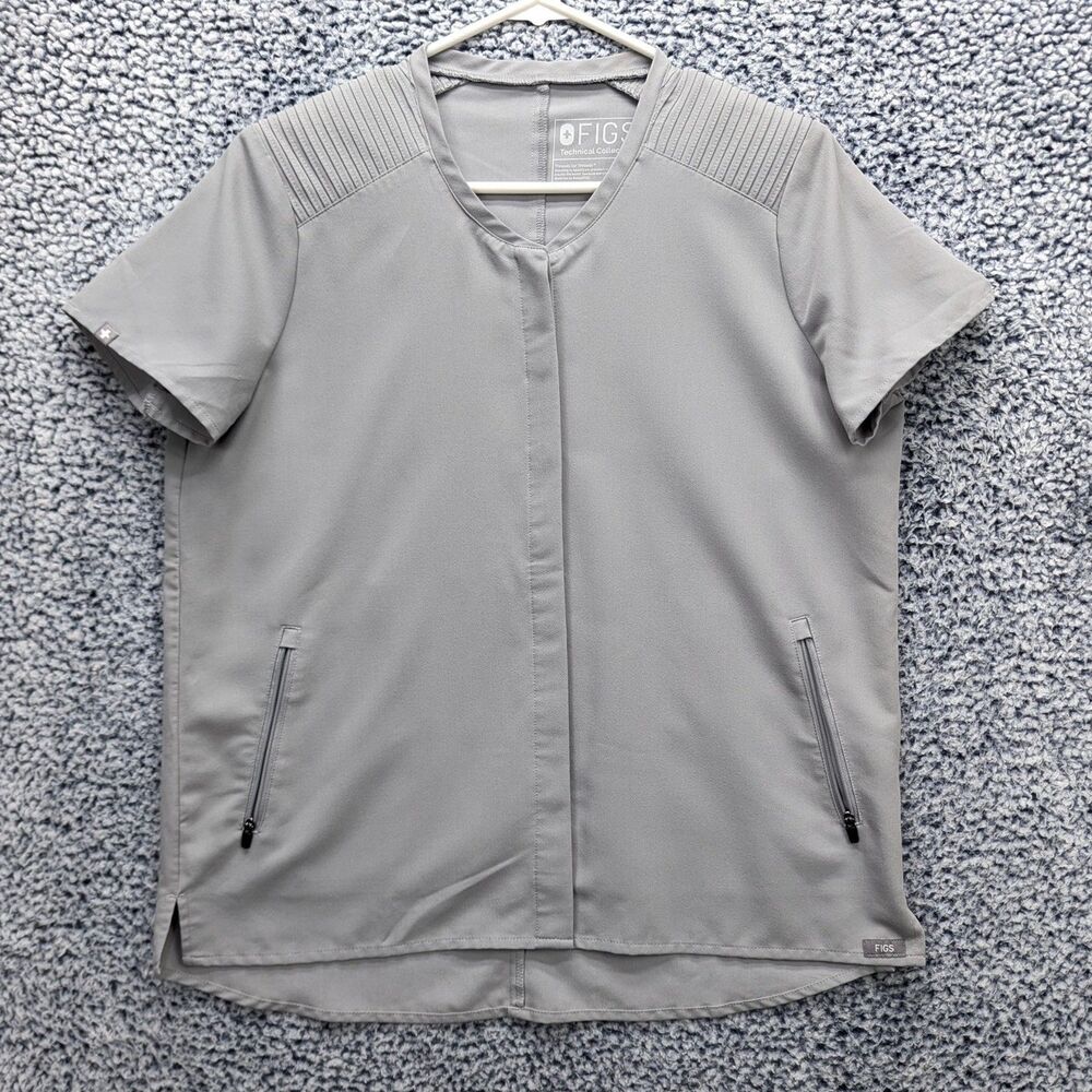 FIGS Button Up Scrub Top Womens Small Short Sleeve Pintuck Healthcare Nurse Gray